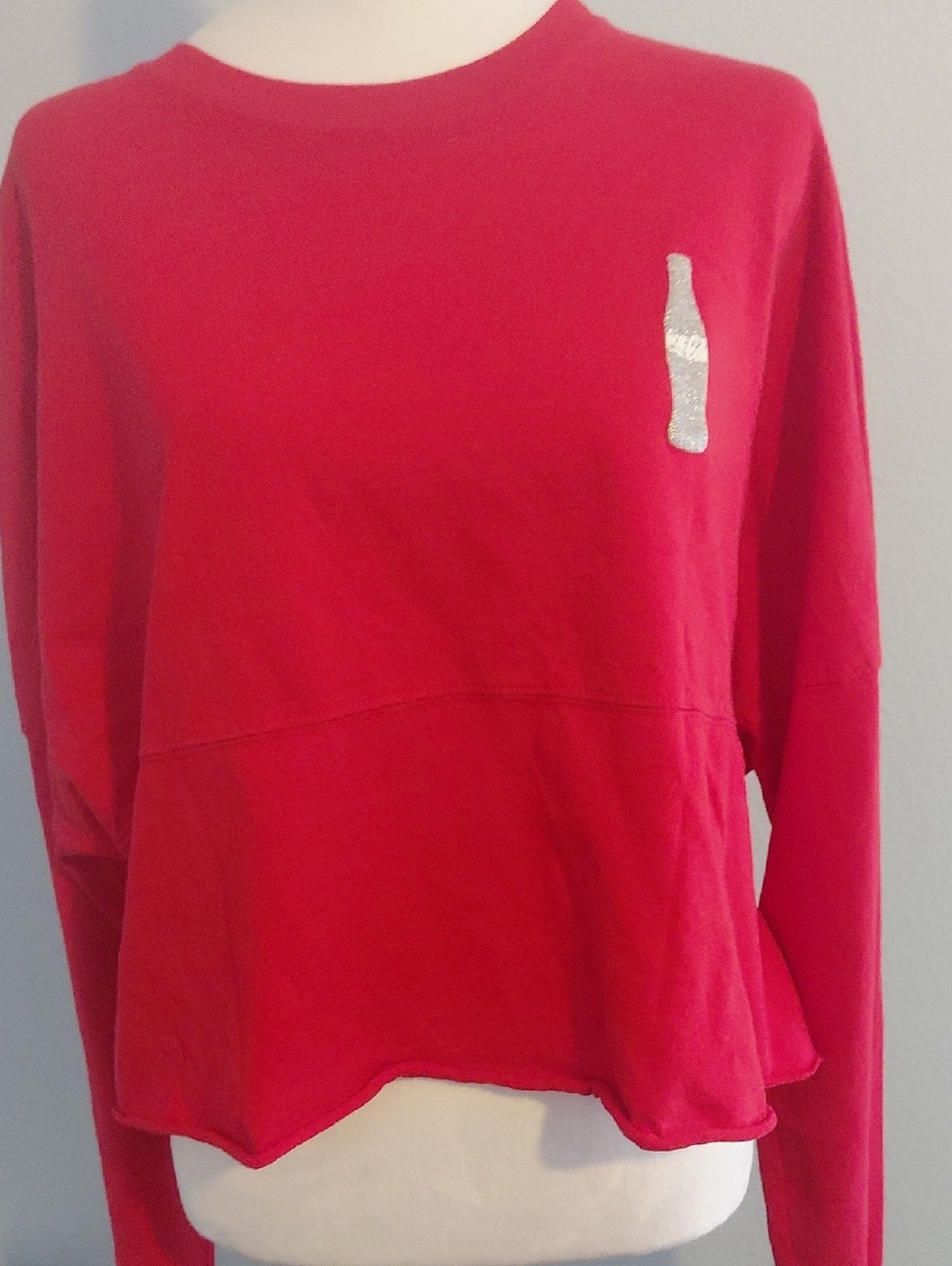 Coca Cola Red Cropped Crewneck Sweatshirt with Silver Bottle Patch